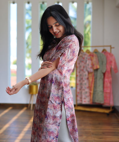 Multicolour Pink Linen Kurti