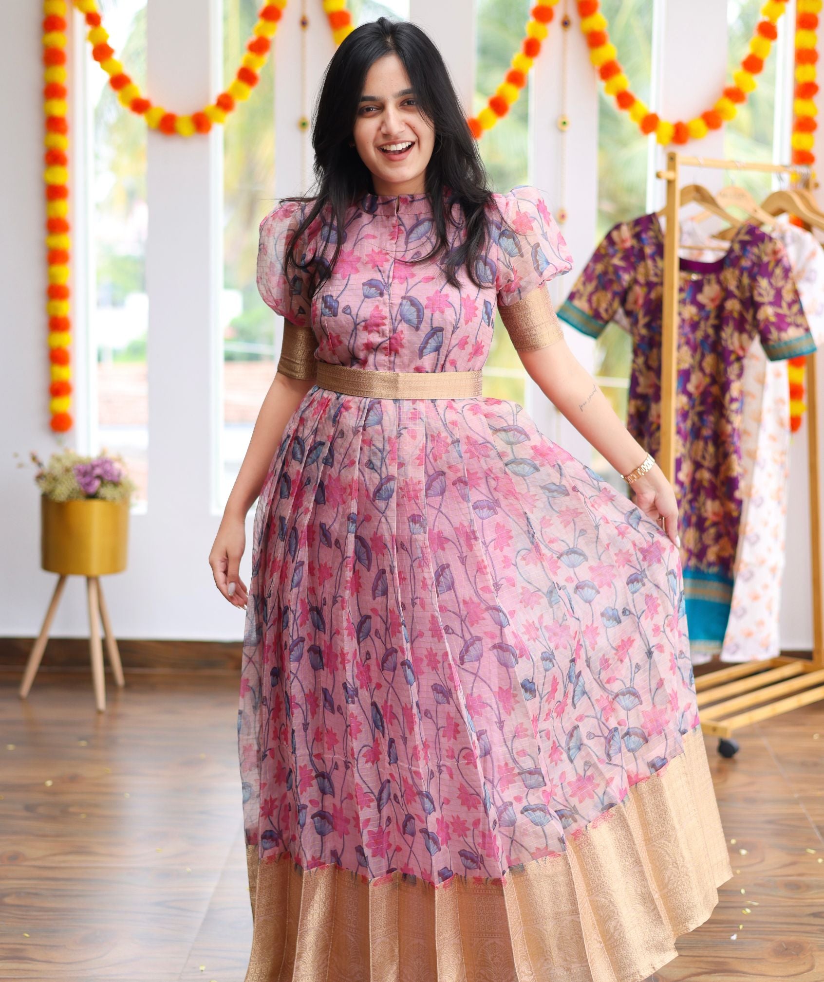 Lotus Pink Organza Maxi Dress, Floral Elegance