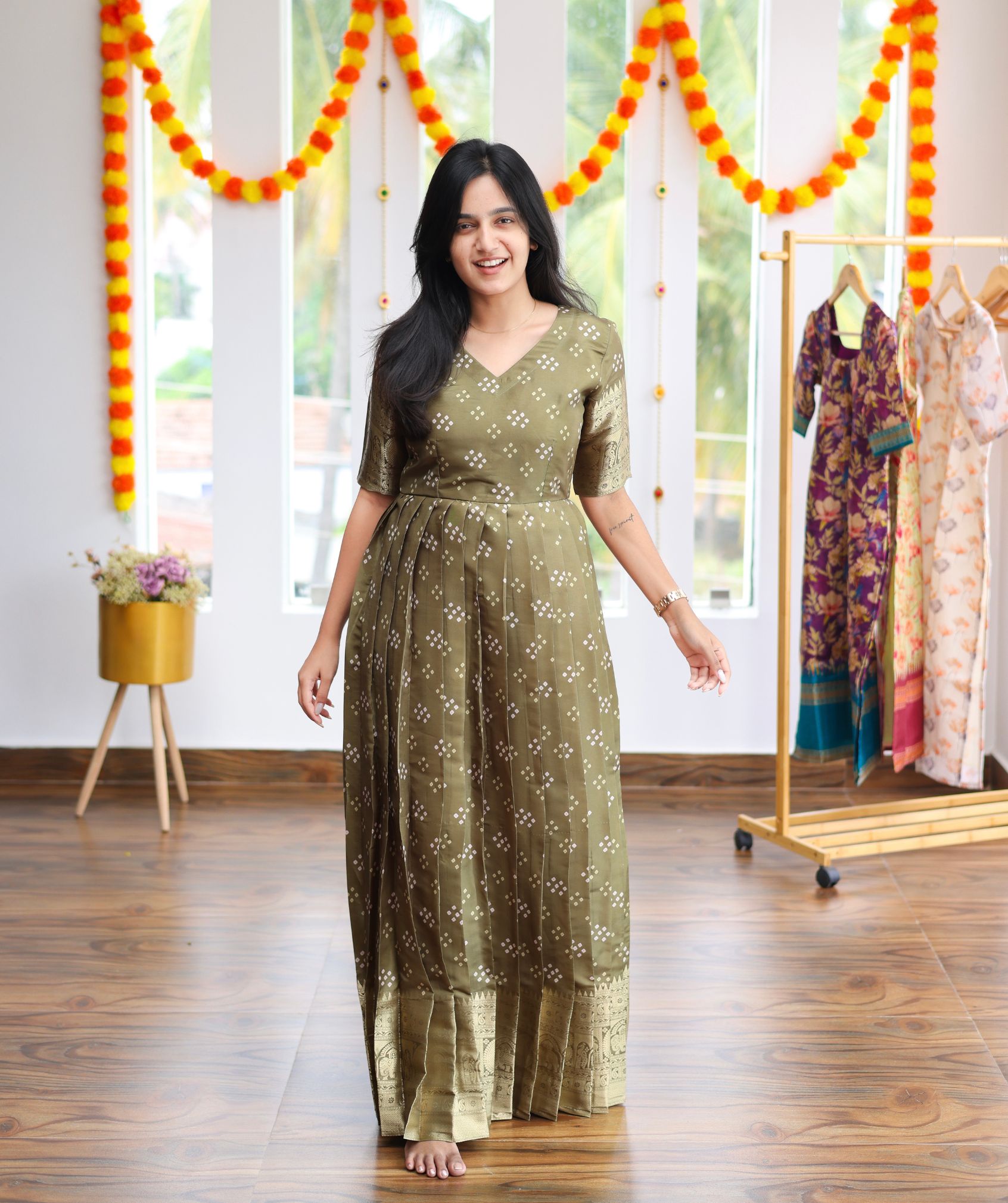 Olive Bandhani Maxi Dress | Traditional Silk Maxi | Lilium Pongal Collection XL Olive Bandhani Maxi Dress | Traditional Silk Maxi | Lilium Pongal Collection XL