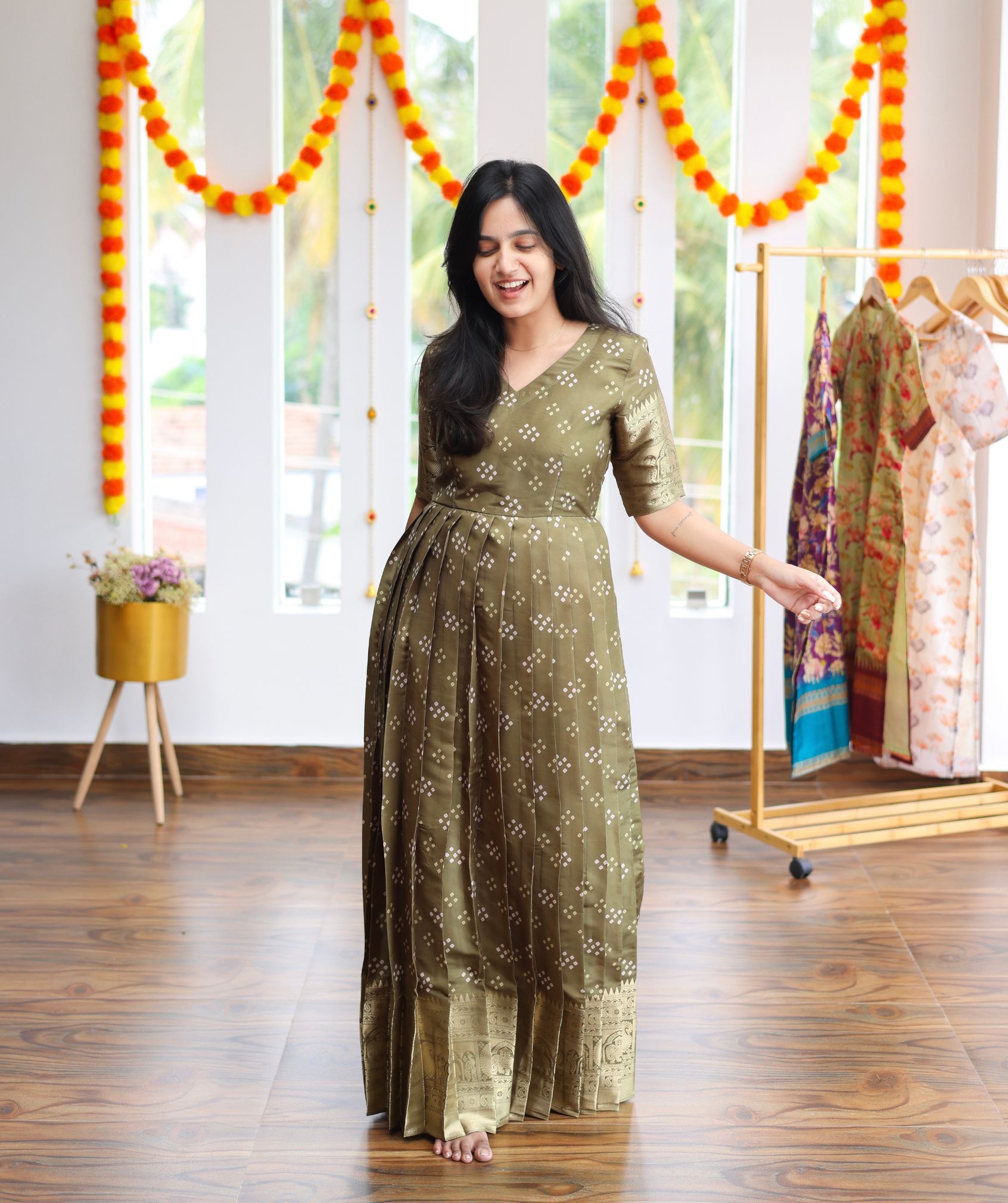 Olive Bandhani Maxi Dress | Traditional Silk Maxi | Lilium Pongal Collection XL Olive Bandhani Maxi Dress | Traditional Silk Maxi | Lilium Pongal Collection XL