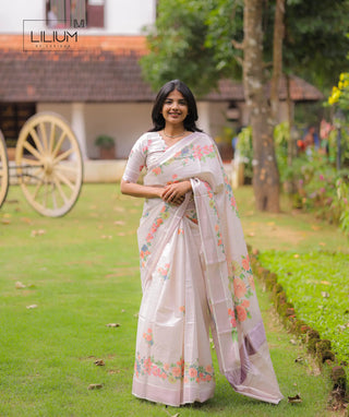 Lush Ivory Kerala Onam Handloom Cotton Saree