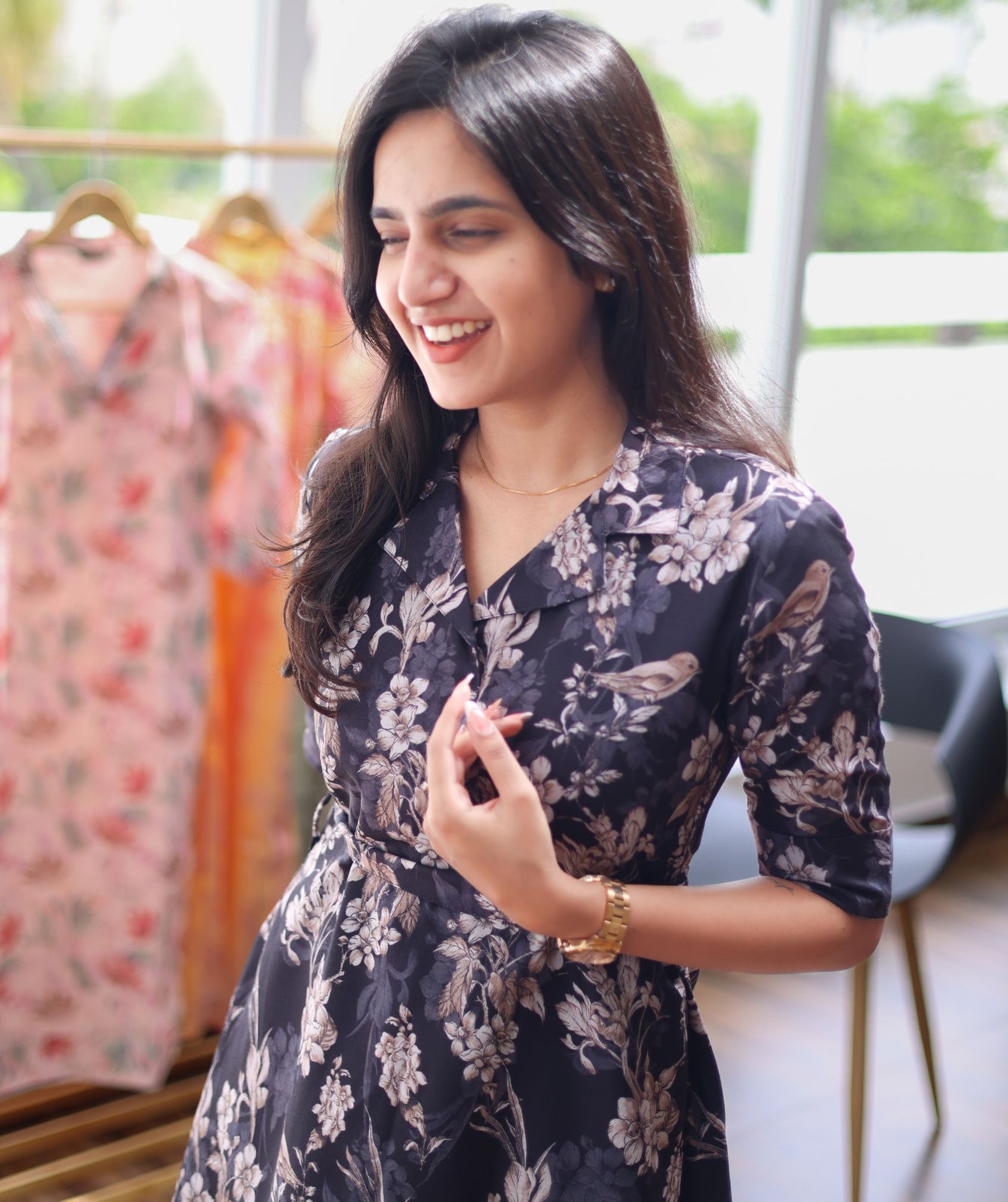 Floral Linen Kurti Midnight Elegance Waist Tie Detail LiliumByShrivha