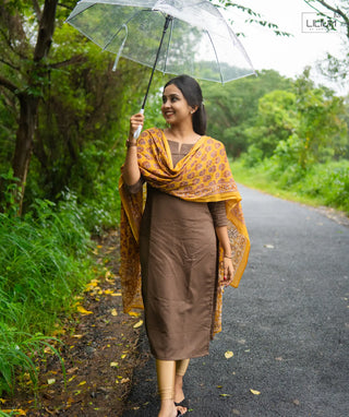 Mocha Saffron Cotton Kurti with Shawl