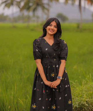 Mul Cotton Black Maxi with Half Sleeves