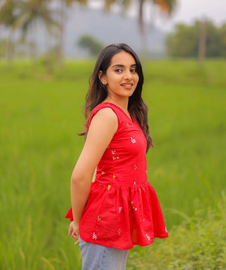 Mul Cotton Red Sleeveless Short Top