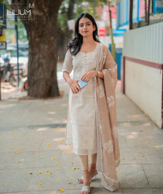 Front view of Mushroom Beige cotton kurti with shawl