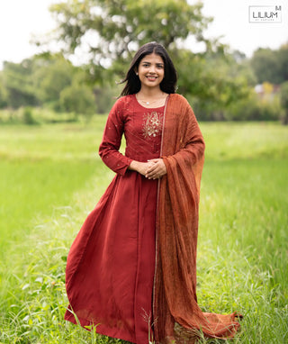 Vermilion Glow Muslin Silk 3 Piece Set for women
