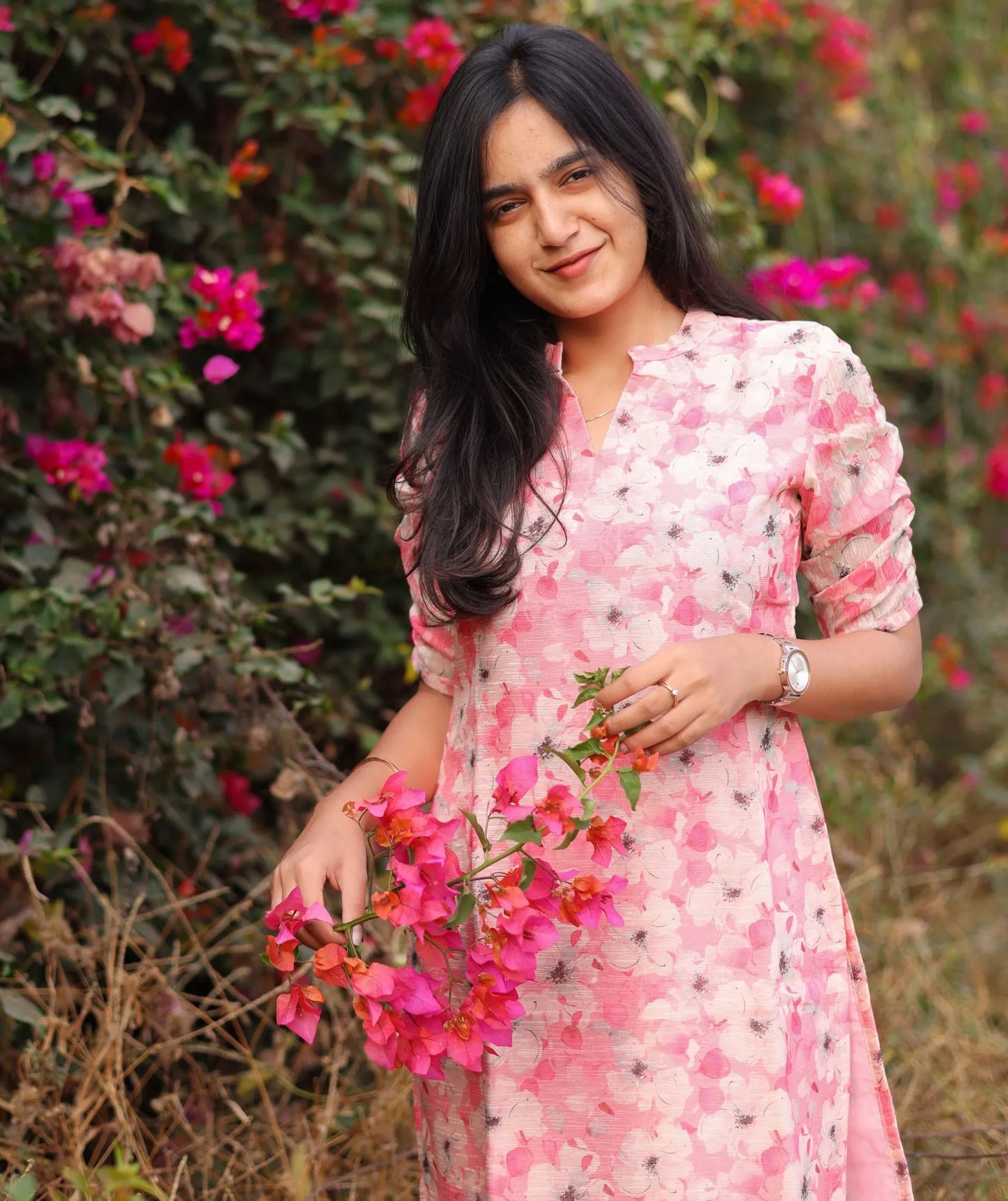 Nurbahar - Pink Floral Printed Kurti