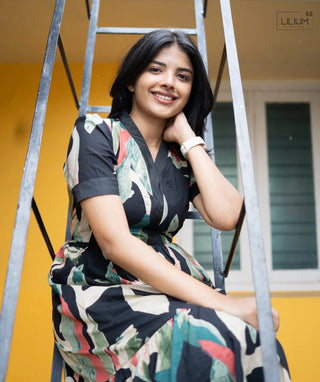 Full view of lined cotton maxi dress with short sleeves