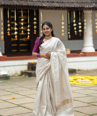 White Muslin Silk Onam Kerala Saree 6M