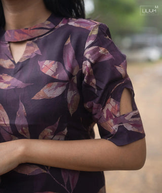 Open Slit Kurti in Plum Foliage