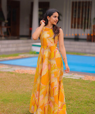 Peach Sunrise shimmer maxi dress front view