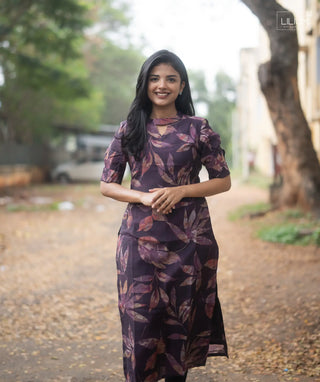 Plum Foliage Muslin Kurti Front View