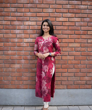 Red Peonies cotton kurti front view