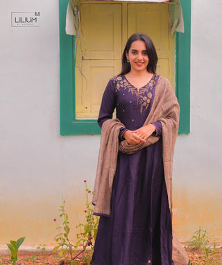 Royal Aubergine Muslin Silk Anarkali Dress Set