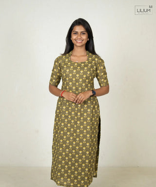 Rustic Olive Cotton Kurti Front View
