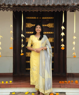 Sapphire Mist Onam muslin 3 piece set with elbow sleeves