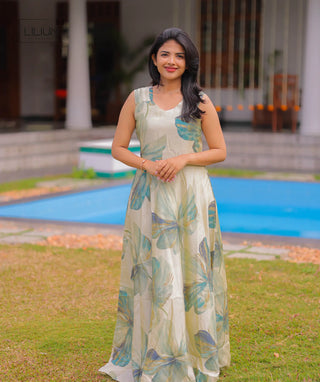 Seafoam floral shimmer maxi dress front view