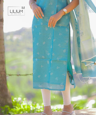 Flat lay of Bluebell Mist silk kurti outfit