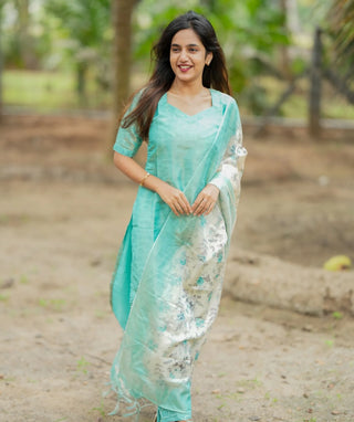 AquaCraft Green tissue silk 3-piece kurti set front view