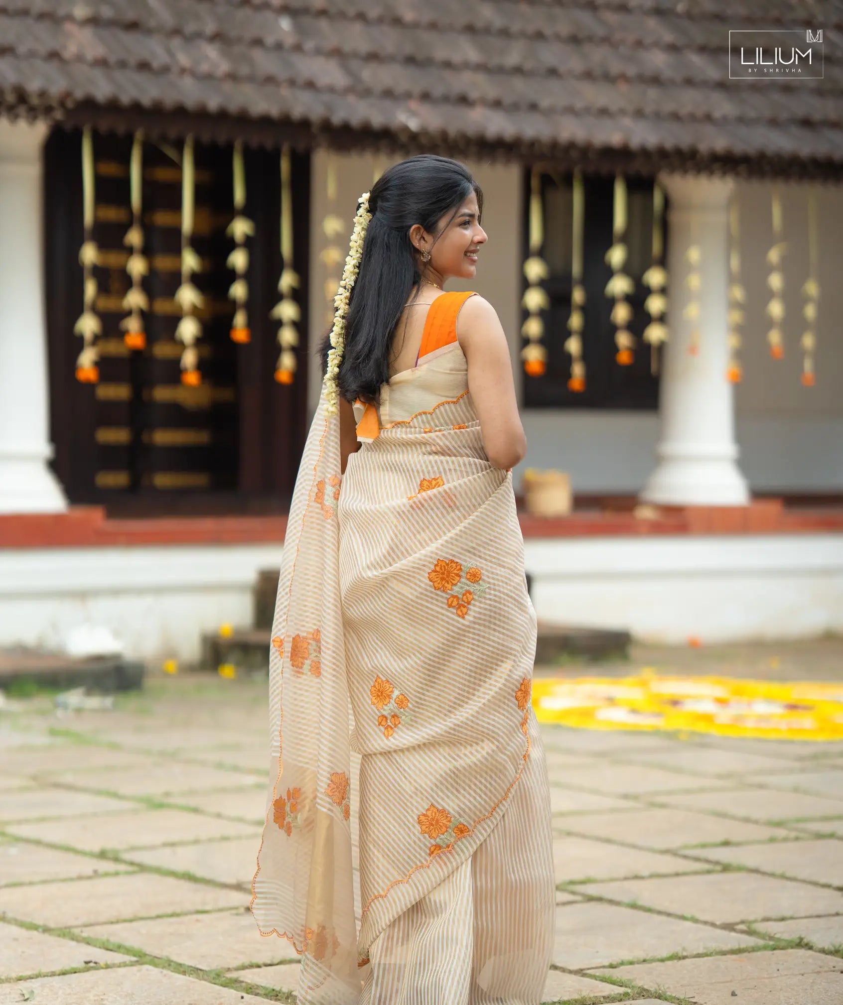 White Tissue Silk Onam Kerala Saree with Orange Border
