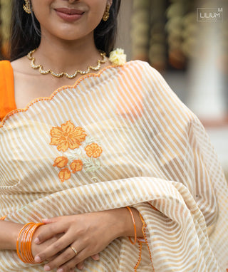Elegant Kerala Saree in White and Orange