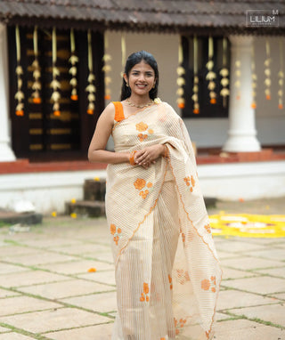 White Tissue Silk Kerala Saree with Orange Border