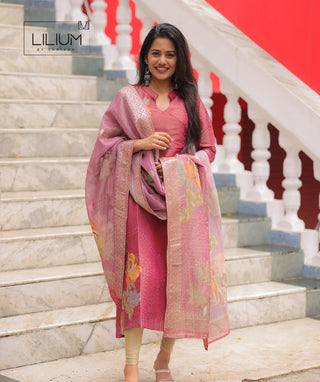 Zyra Blush Tissue Silk A-Line Kurti with Shawl