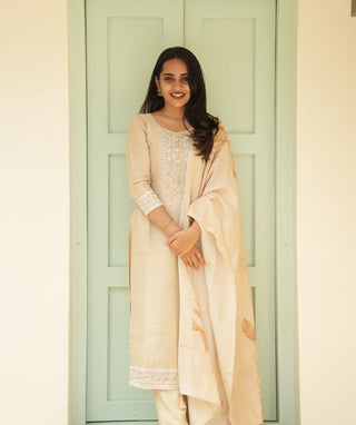 Ivory Harvest Tussar Silk 3-Piece Set with Pockets
