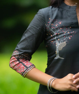 Charcoal Eclipse Tussar 3-Piece Festive Set with Pockets