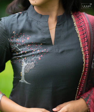 Charcoal Eclipse Tussar 3-Piece Festive Set with Pockets