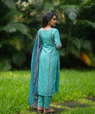 Ocean Peacock Tussar 3-Piece Festive Set with Pockets