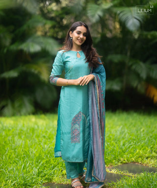 Ocean Peacock Tussar 3-Piece Festive Set with Pockets