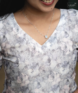 Side profile of 44-inch kurti in Silver Cloudscape