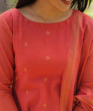 Saffron Rose Cotton Anarkali Set with Shawl