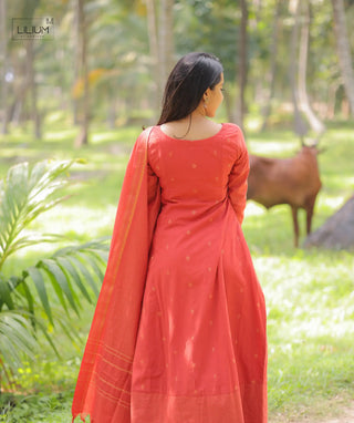 Saffron Rose Cotton Anarkali Set with Shawl