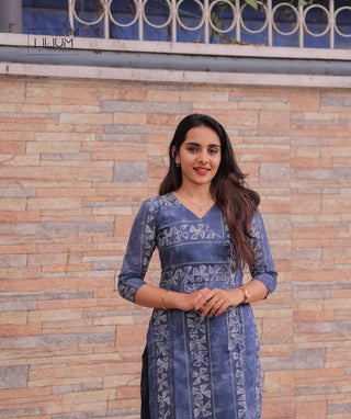 Front view of denim blue casual kurti for women