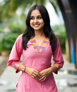 Side view showing open slit in linen dress