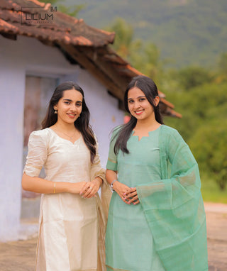 Stylish cotton 3 piece kurti set for women in Meadow Glow color
