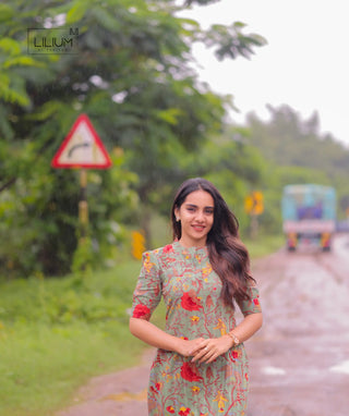 Elbow sleeve cotton kurti in eucalyptus color