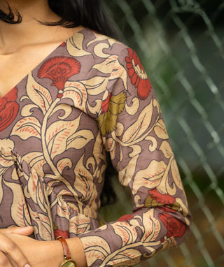 Full-length cotton kurti with open slits and block print