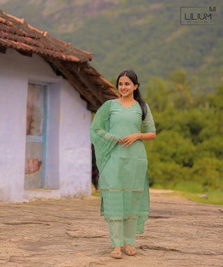 Handloom cotton 3 piece kurti set in Meadow Glow