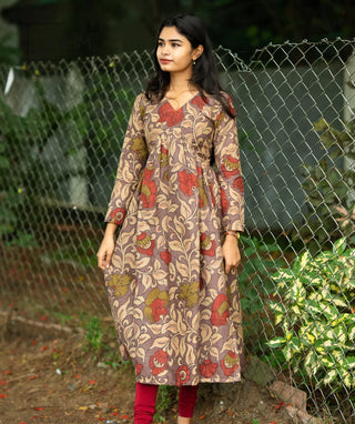 Mocha Bloom kalamkari cotton kurti with full sleeves