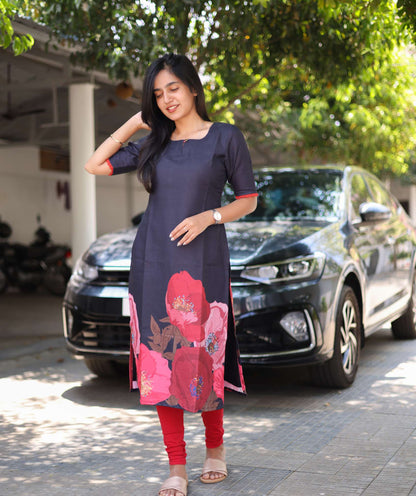 Black & Red Floral Linen Kurti – 3/4 Sleeve, Loop Neck