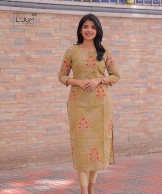 Ochre yellow mul mul cotton kurti with 3/4 sleeves