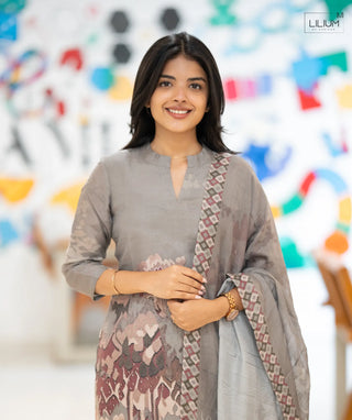 Fogstone grey muslin kurti set with dupatta