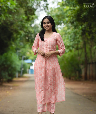Front view of Rosebud Tapestry muslin co-ords set