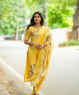 Front view of Sunburst Glow muslin kurti set