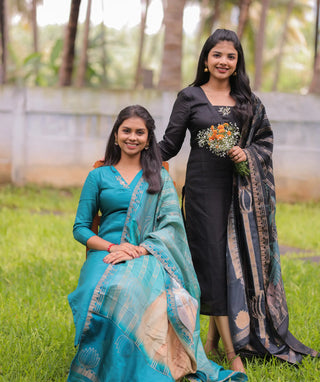 Arctic Lapis Russian Silk Kurti with Shawl Set