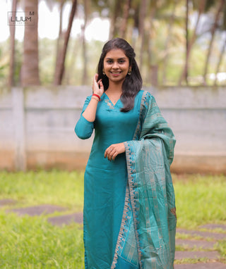 Arctic Lapis Russian Silk Kurti with Shawl Set